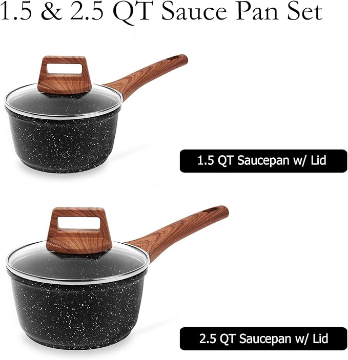 ESLITE LIFE 1.5 QT & 2.5 QT Sauce Pan Set with Lids, Nonstick Small Soup Pot Compatible with All Stovetops (Gas, Electric & Induction), PFOA Free, Black