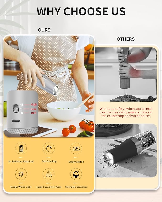 CIRCLE JOY Gravity Electric Salt and Pepper Grinder Set with 2-Speed, Rechargeable Salt and Pepper Grinder Set, Adjustable Coarseness, Whiet LED Light