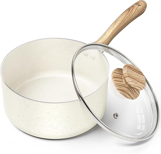 MICHELANGELO 3 Quart Saucepan with Lid, Nonstick Sauce Pan, Small Sauce Pot with Granite Coatings, Bakelite Handle, Dishwasher-Safe, White