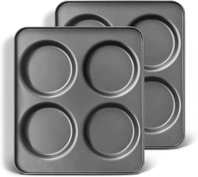 HONGBAKE Large Muffin Top Pan Set of 2, 4 Cup Nonstick Hamburger Bun Baking Pan, Jumbo Whoopie Pie Pan for Egg Sandwich, Cornbread, Layer Cake