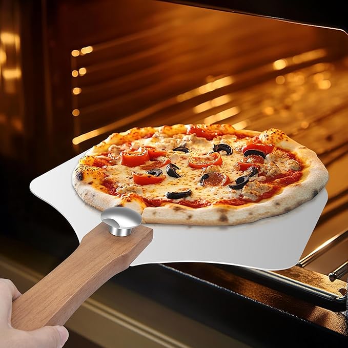 Aluminum Pizza Peel 12x14" With Foldable Wooden Handle - Metal Paddle, Rocker Cutter, and Server for Pizza Oven (Gift-Ready)