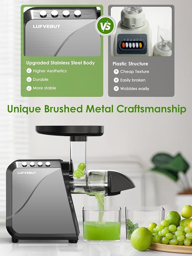 Cold Press Juicer for Celery Carrot Orange- Soft/Hard Fruits Vegetables, 250W Slow Juicer Machines BPA-Free,Reverse Function, Easy to Clean, with Big Cup,Pulp Container,Cleaning Brush