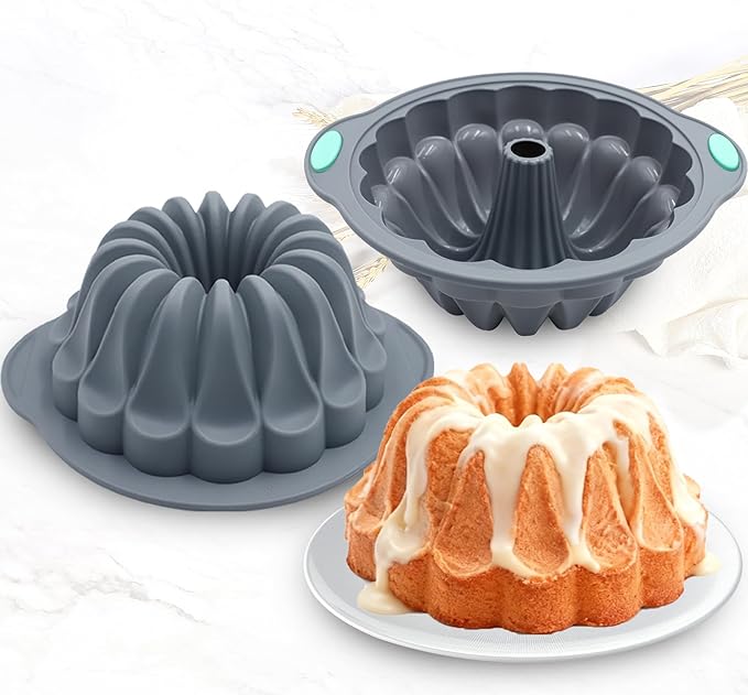 Tongjude 4 Pieces Silicone Fluted Tube Cake Pans, 7 Cups Tube Baking Pan, Jello Mold, Silicone Molds for Homemade Cake, Bread and Jello, Non-Stick, Grey