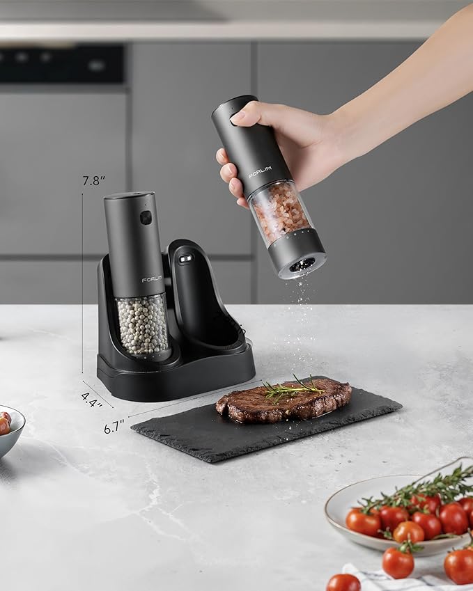 FORLIM 2-Speed Electric Salt And Pepper Grinder Set, External Rotation To Adjust Coarseness, Electric Salt and Pepper Shaker With Charing Base, One-Button Automatic Grinding, Washable Container