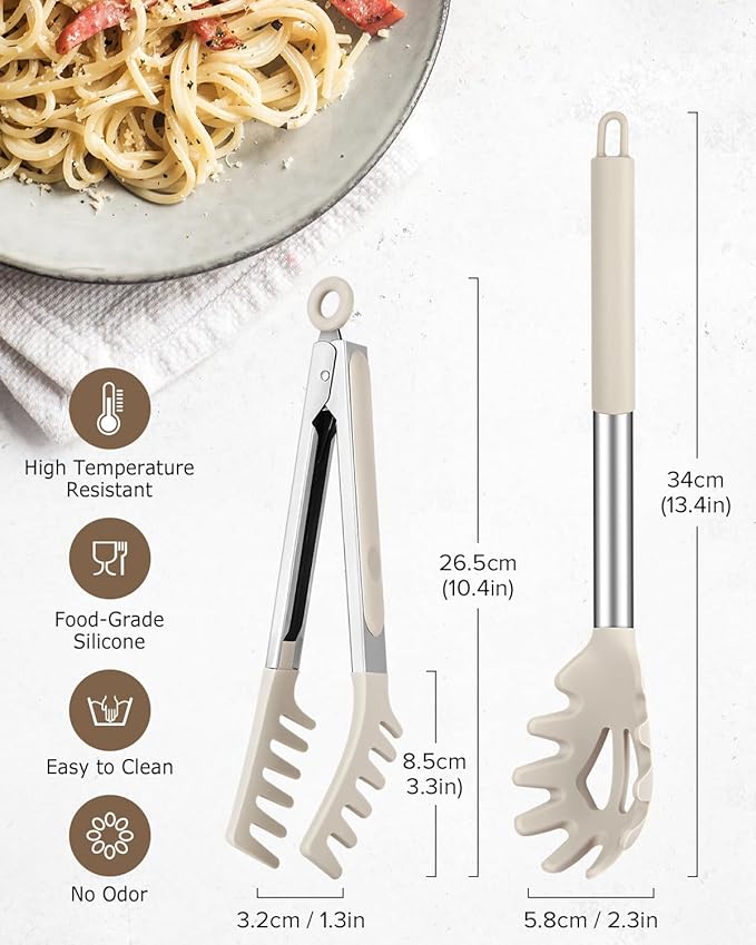 Spaghetti Spoon and Pasta Tong, Non-stick Silicone Spoon Server Fork with teeth and Stainless Steel Handle Spaghetti Tong, Food Clip for Spaghetti Noodle (KHAKI)