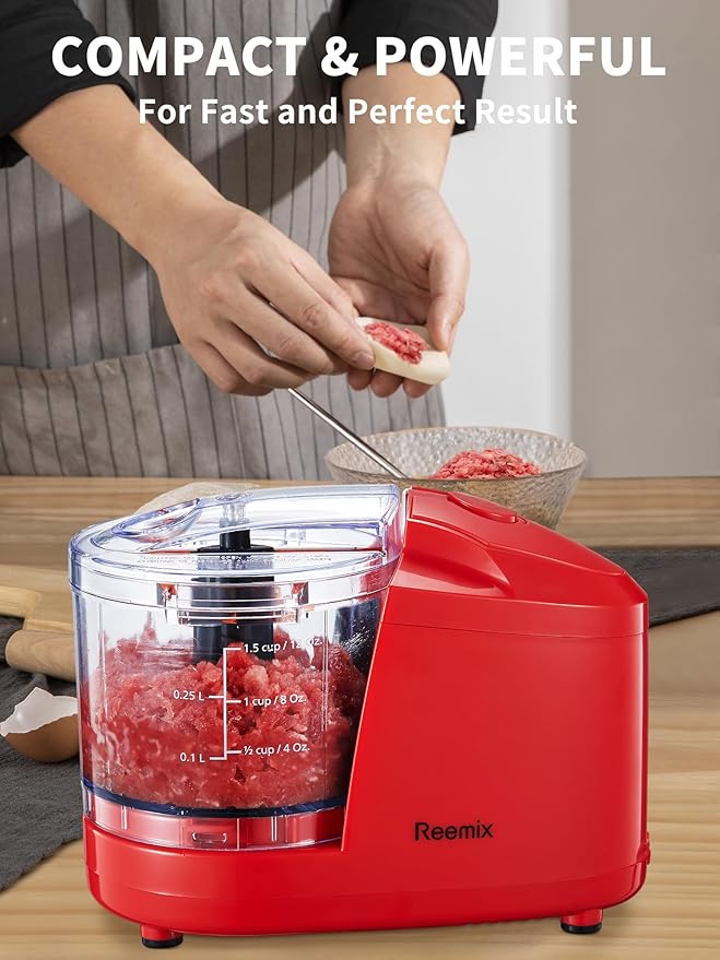 1.5-Cup One-Touch Electric Food Chopper, 100W Mini Food Processor Meat Grinder, Mix, Chop, Mince and Blend Vegetables, Fruits, Nuts, Meats, Stainless Steel Blade (Red)
