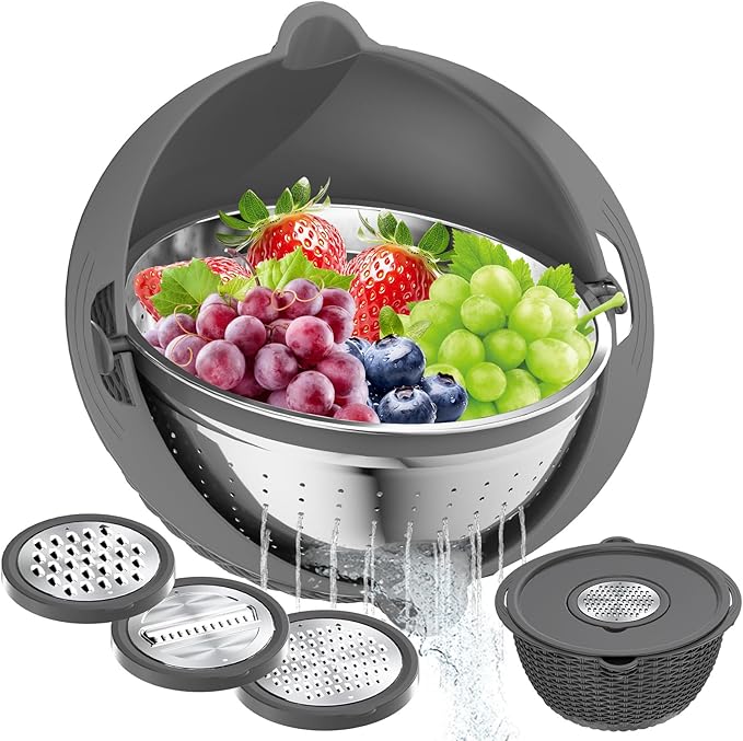 4-in-1 Colander with Bowl Set – Food Strainers and Colanders - Stainless Steel Rotatable Strainer for Fruits & Veggies – Pasta Strainer - Kitchen Essentials - Grey