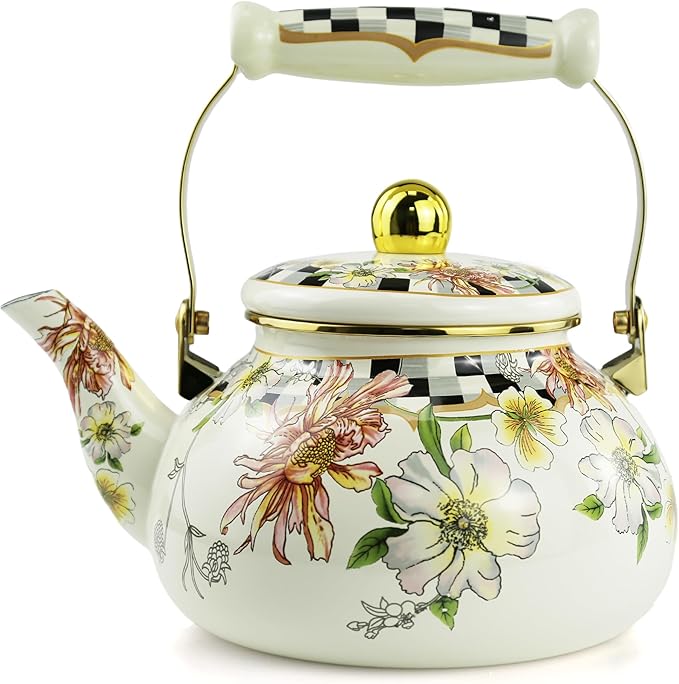 Enamel Tea Kettle, Bohemia 2.5L Vintage Floral Enamel Steel Teapot for Stovetop - No Whistling, Lead-Free, Retro Decor & Hot Water/Coffee Tea Pot, Ideal Housewarming/Wedding Gift