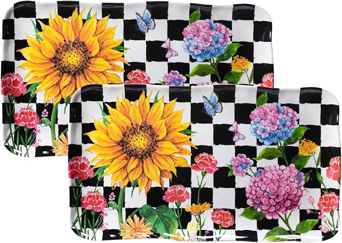LEHAHA Rectangular Melamine Sunflower Serving Tray, 2-Piece Hydrangea Serving Platter Set, 17.5" x 10" Colorful Trays/Platters Sets for Outdoor and Indoor Dining and Entertaining Parties,Black Plaid