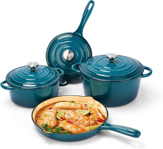 Hisencn Enameled Cast Iron Cookware Set - 7 Piece Dutch Ovens Set, Sauce Pan, Skillet, 3 Lids, Pots and Pans Set, Ceramic Coated Cast Iron, Heavy Duty, Gas/Induction Compatible, PFA Free