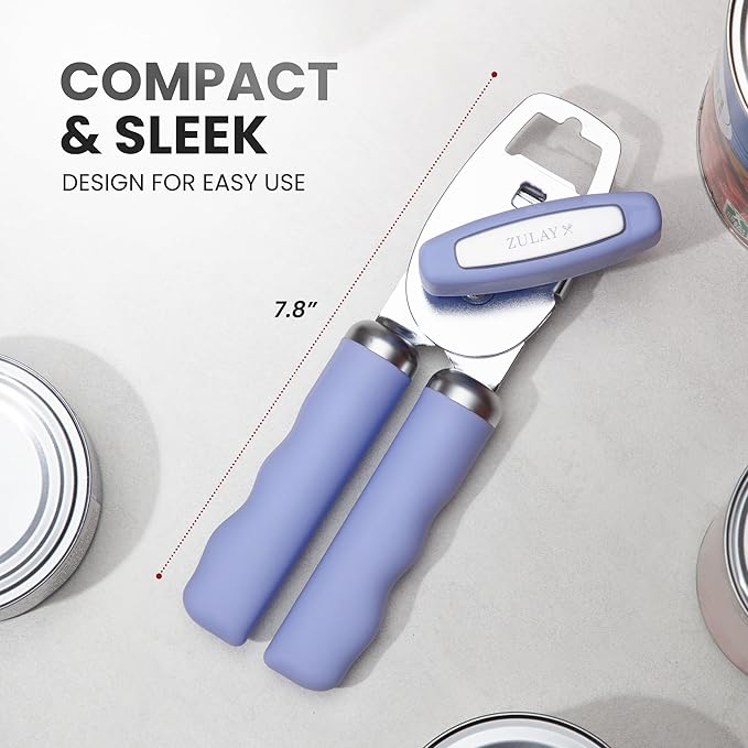 Zulay Kitchen Heavy Duty Stainless Steel Can Opener Manual with Bottle Opener - Rust Proof Manual Can Opener With Turn Knob & Comfy Soft Grip Handles - Periwinkle