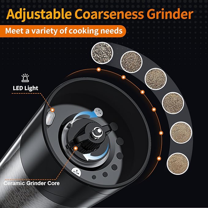 2Pack Electric Salt and Pepper Grinder Set USB Rechargeable with Warm LED Light, Adjustable Coarseness Lidaop Large Capacity Automatic Salt Pepper Mill Shakers for Kitchen, Restaurant, Outdoor, Black