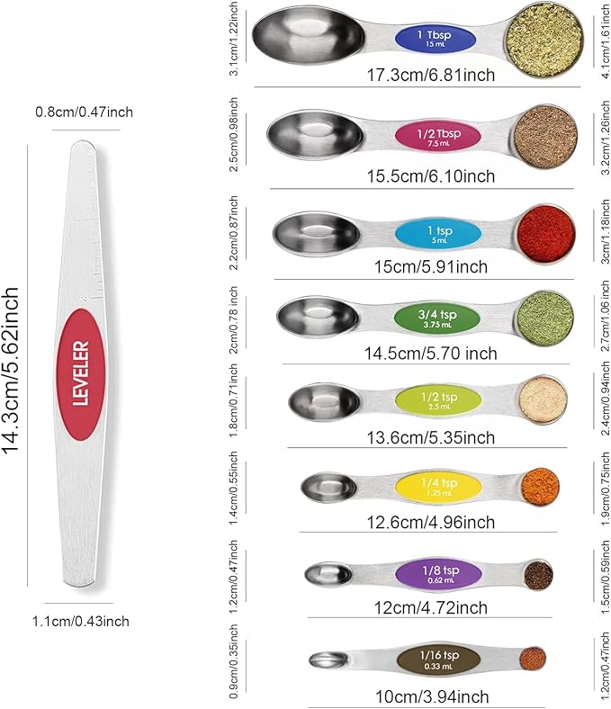 Magnetic Measuring Spoons Set Stainless Steel with Leveler, 9pcs Multicolors Measuring Cups Set for Baking, Measuring Cups and Spoon Set Kitchen Gadgets Apartment Essentials Fits in Spice Jars