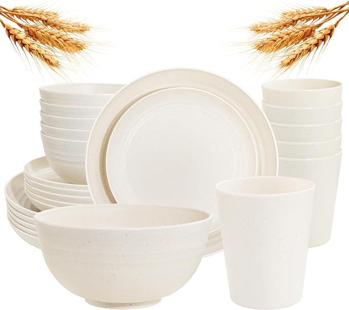 Rubtlamp 24 Pcs Wheat Straw Dinnerware Sets, Unbreakable Reusable Plastic Wheat Straw Bowls & Plates Dinner Set, Microwave And Dishwasher Safe Plates, 12Plates, 6Bowls, 6Cups for Party(Beige)