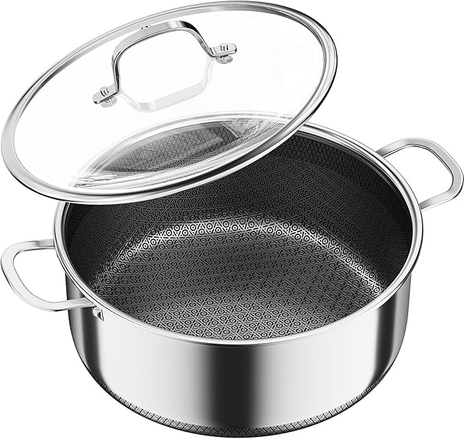6 QT Stainless Steel Stock Pot with Lid, 10-inch Sauce Pan Induction Cookware, PFOA Free 5-Ply Simmer Pot with Non Stick Coating, Dual Ear Handles Cooking Pot Oven & Dishwasher Safe Easy to Clean