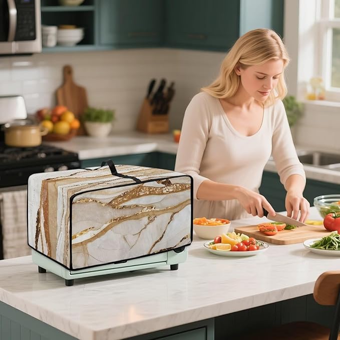 Marble Print Toaster Oven Cover, Heavy-Duty Dust Shield Kitchen Decorative Countertop Oven Protector, Microwave Air Fryer Cover, Light Gold White, (Small-14.5*18.46*9 inches)