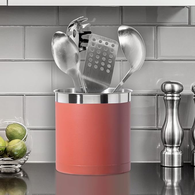 OGGI Stainless Steel Jumbo Utensil Holder - 7" Utensil Caddy, Weighted Base for Stability - Extra Large Utensil Crock and Countertop Utensil Organizer, Brick Red