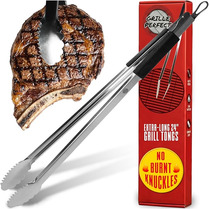 Grill Tongs 24-Inch Super Long Extra Heavy Duty for Grilling and Barbecue Heat Resistant Hand Grips Stainless Steel for BBQ Outdoor Kitchen and Cooking Hot Grilled Food