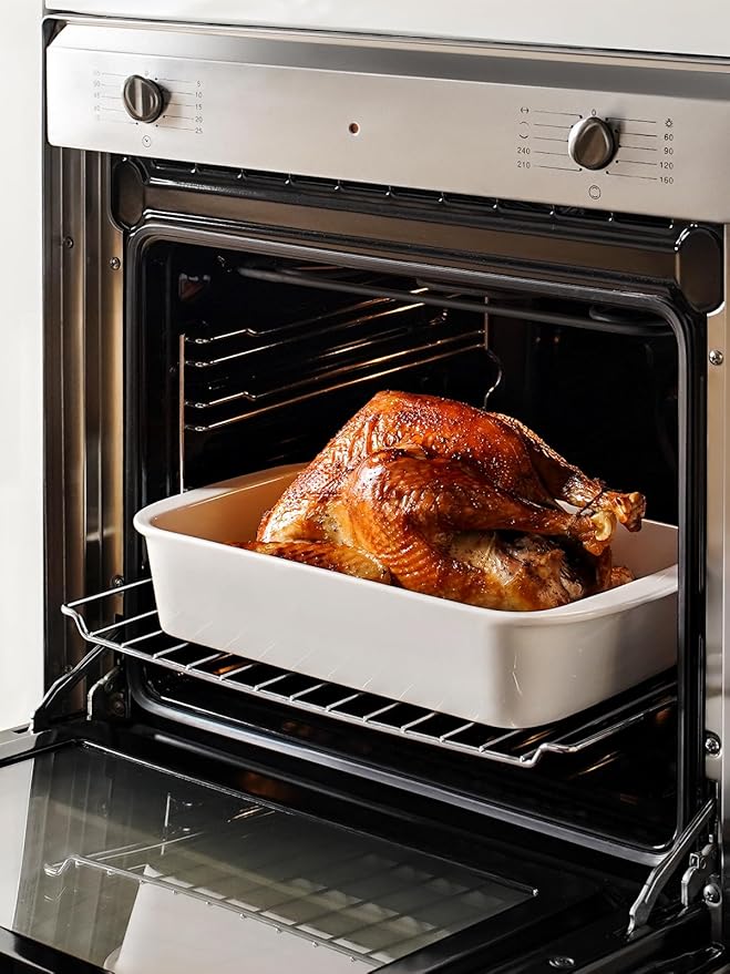 LE TAUCI Deep Casserole Dishes for Oven, 13.7”x9.6” Ceramic Baking Dish Set with Roasting Racks, Large Lasagna Pans with Handles, Rectangular Bakeware as Gift for Mom, White (4.6QT/3.0QT/1.6QT), Set of 3