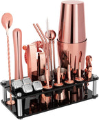 Cocktail Shaker Set, 23-Piece Boston Stainless Steel Bartender Kit with Acrylic Stand & Cocktail Recipes Booklet, Professional Bar Tools for Drink Mixing, Home, Bar, Party - Gold Rose