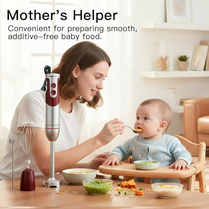 3- in-1 Immersion Hand blender, Powerful MOTOR & Stainless Steel Stick Blender, 4 Sharp Blades with Whisk, Milk Frother Attachments
