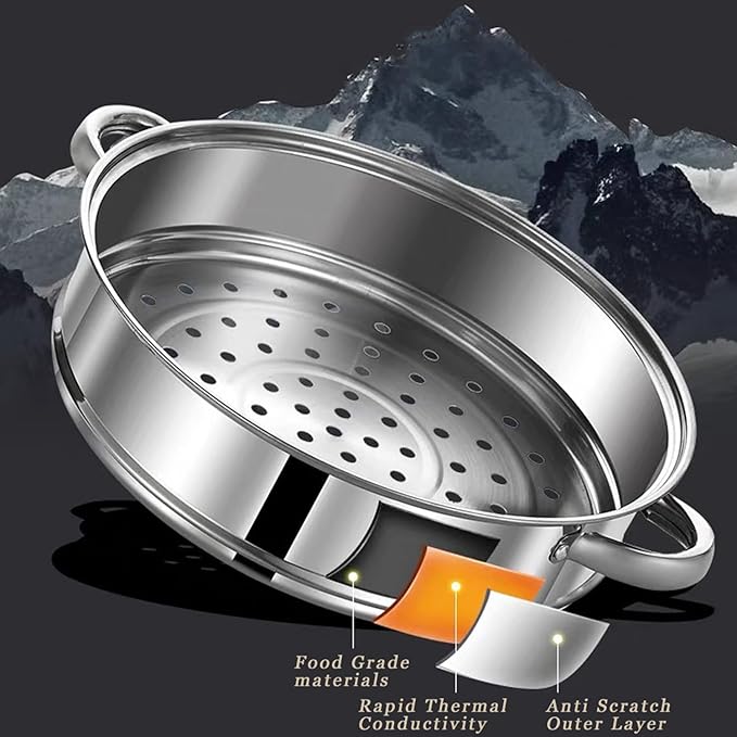 Steamer Pot for Cooking,Stainless Steel Steamer Pot,11 inch Steam Pots with Lid 2-tier for Cooking Veggies Fish Seafood Noodles, Pasta, Food
