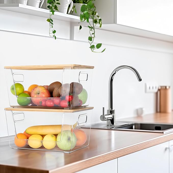 2 Set Pantry Organizer and Storage, Stackable Trash Bag Dispenser Clear Acrylic Kitchen Counter Pantry Baskets for Potato, Onion, Produce, Fruit, Vegetable, Snack, Trash Bag Holder with Bamboo Lid