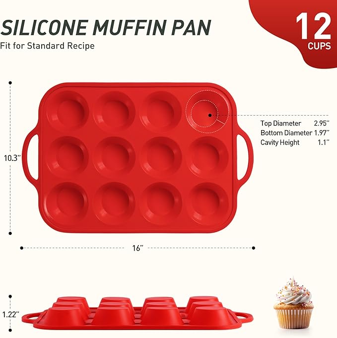 12 Cups Silicone Muffin Pan with Metal Reinforced Frame Regular Size Cupcake Pan Tray Egg Bites Silicone Circle Cookie Molds Muffin Tin Tart Pans Baking Sheet Set for Breakfast Sandwiches