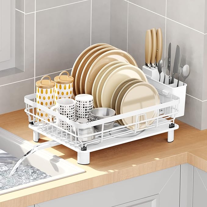 AIDERLY Iron Dish Drying Rack with Drainboard Dish Drainers for Kitchen Counter Extendable Spout Strainers with Utensil Holder and Knife Slots, White