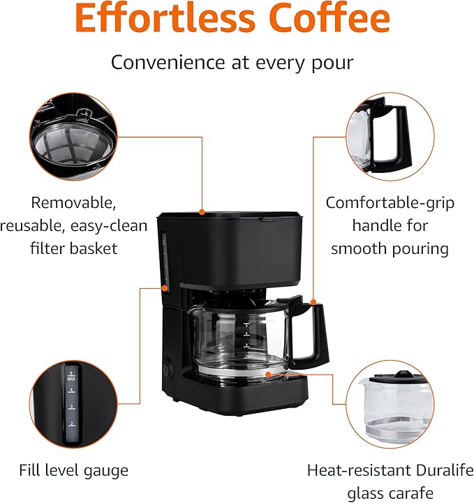 Amazon Basics 5 Cup Drip Coffee Maker with Glass Coffee Pot (0.8 Qt), Auto Shut-off, Auto Pause, Removable Filter Basket, Matte Black