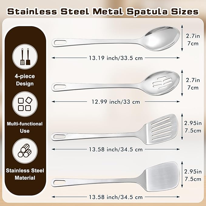 4 Pcs Cooking Utensils Set, Stainless Steel Kitchen Utensils, Heat Resistant Metal Kitchen Tools Include Solid & Slotted Turner Wok Spatula, Serving Spoon, Ergonomic Handle, Easy to Clean, Silver
