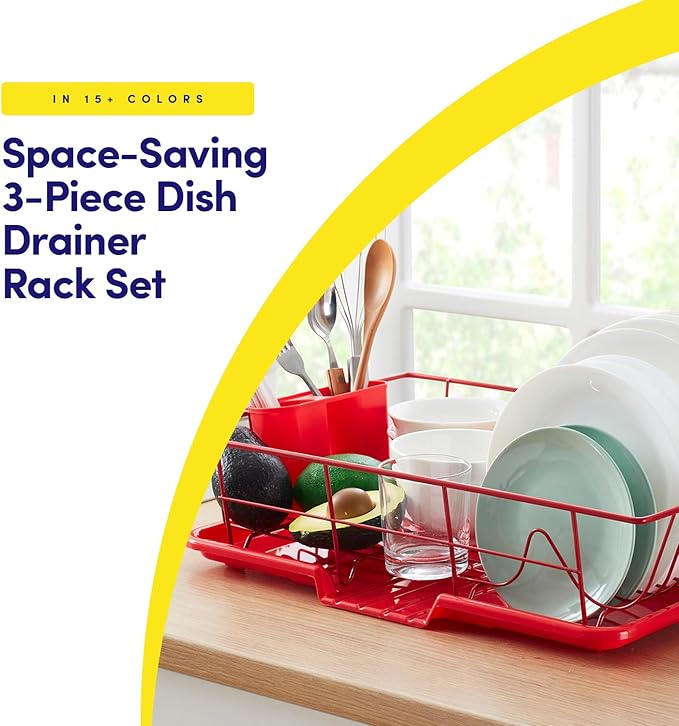 Sweet Home Collection Space-Saving 3-Piece Dish Drainer Rack Set: Efficient Kitchen Organizer for Quick Drying and Storage - Includes Cutlery Holder and Drainboard - Maximize Countertop Space, Red