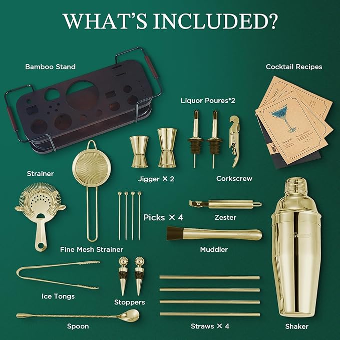KITESSENSU Cocktail Shaker Set Bartender Kit with Stand | Complete 24-Piece Bar Set Cocktail Kit with All Bar Accessories, Gold