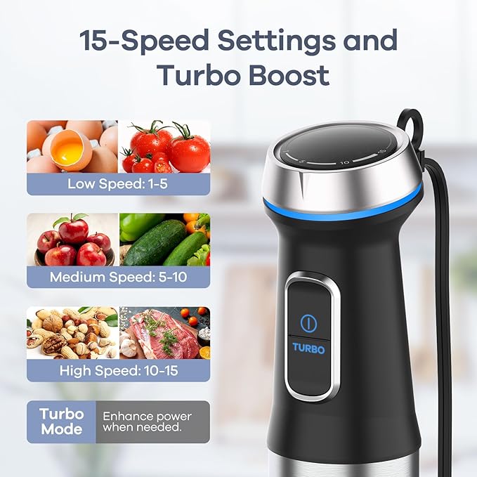 Ganiza Immersion Blender Handheld, 6 in 1 Hand Blender Stainless Steel Blade, 15 Speed Stick Blenders Electric, 800ml Mixing Beaker, 600ml Chopper, Whisk, Frother, Potato Masher