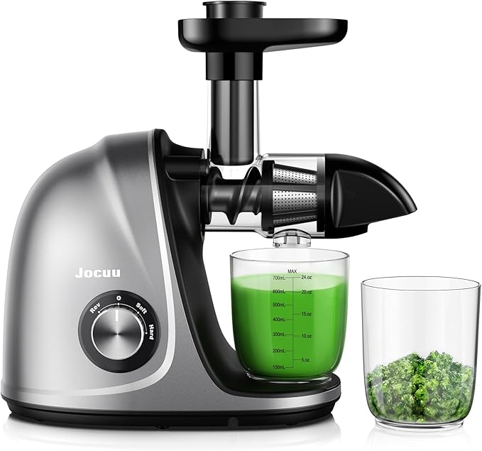 Jocuu Slow Masticating Juicer Machines with Soft Hard Modes Easy to Clean Quiet Motor & Reverse Function, Cold Press Juicer for Fruit & Vegetable, 90% Juice Yield, with Brush & Recipes (Grey)