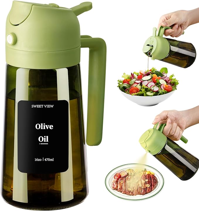 SWEET VIEW Olive Oil Dispenser and Oil Sprayer – 16oz/470ml Glass Light-Proof Oil Pourer for Kitchen, Air Fryer, Cooking, Salad, and BBQ