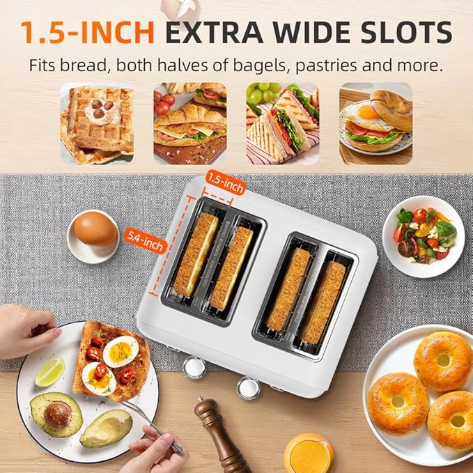 White Toaster 4 Slice, Dual Independent Controls, Extra Wide Slot Toasters for Bagel, Bread, Waffles, 7 Shade Settings, 4 Main Functions, Removable Crumb Tray, 1500 Watts, White Stainless Steel