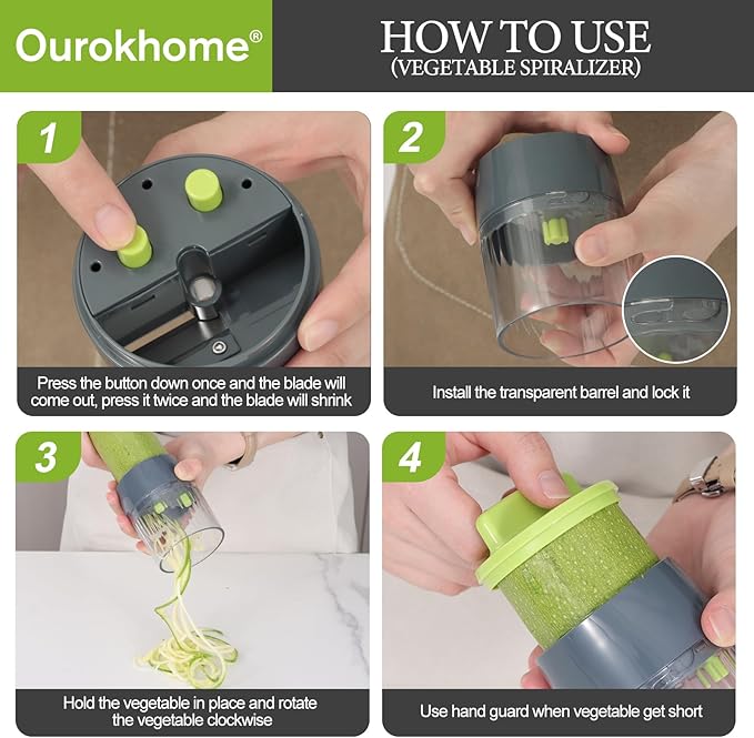 Ourokhome Mandolin Slicer with Handheld Spiralizer, Hand Safe Vegetable Shredder with 6 Mandoline Blades, Veggie Waffle Cutter for Potato, Carrot, Zucchini, Essential Kitchen Gadgets (10 in 1, Gray)