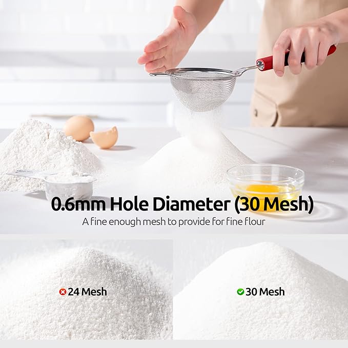 18/8 Stainless Steel Mesh Strainer: U-Taste 3.9 Inch Kitchen Fine Mesh Sieve Food Colander with Riveted Sturdy Silicone Handle and 30 Mesh Hole for Straining Flour, Quinoa, Tea, Juice (Red)