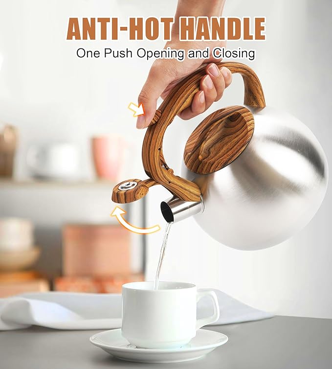 Classic Stainless Steel Whistling Kettle 3.2 Quart - Brushed Metal Finish with Wooden Handle, Stovetop Water Boiler for Home & Kitchen, Loud Alert Whistle & Drip-Free Spout (Silver)
