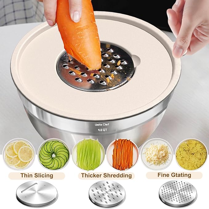 Umite Chef Mixing Bowls with Airtight Lids Set, 8PCS Stainless Steel Khaki Nesting Bowls with Grater Attachments, Kitchen Bowls with Non-Slip Bottoms, Size 5, 4, 3.5, 2, 1.5QT for Mixing & Serving
