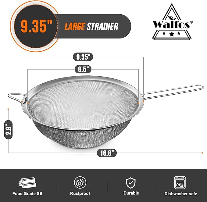 Walfos 9.35 Inch Large Fine Mesh Strainer, Stainless Steel 30 Mesh Sieve with Sturdy Handle, Kitchen Food Strainers Sifters for Rice, Quinoa, Pasta, Fruits, Vegetables, etc.