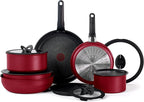 T-fal Ingenio Expertise Non Stick Cookware Set 14 Piece, Induction, Oven Broiler Safe 500F, Cookware, Pots and Pans Set, RV, Camping, Kitchen Frying Pans, Dishwasher Safe, Detachable Handle Cherry Red