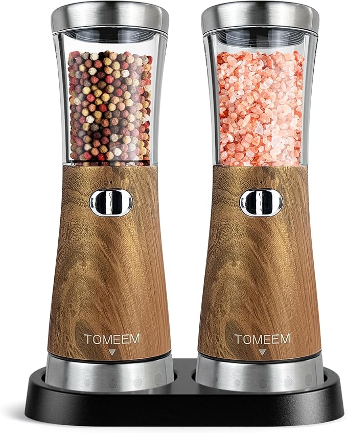 Electric Salt and Pepper Grinder Set with Storage Base, Stainless Steel Rechargeable Salt and Pepper Grinder Set with 4.5 oz Large Capacity, 1.8" Wide Mouth, Adjustable Coarseness, Ideal for Kitchen