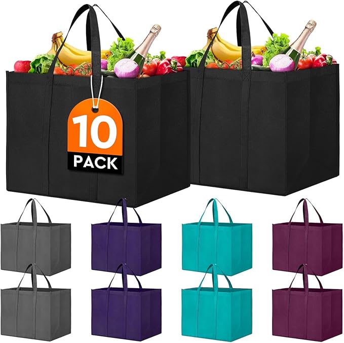 WISELIFE Reusable Grocery Shopping Bags 10 Pack Large Foldable Tote Bags Bulk, Long Handle for Shopping Groceries Clothes (New 5 Colors)