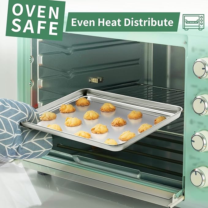 Baking Sheets Set of 2, HKJ Chef Cookie Sheets 2 Pieces & Stainless Steel Baking Pans & Toaster Oven Tray Pans, Rectangle Size 12.5Lx10Wx1H inch & Non Toxic & Healthy & Easy Clean