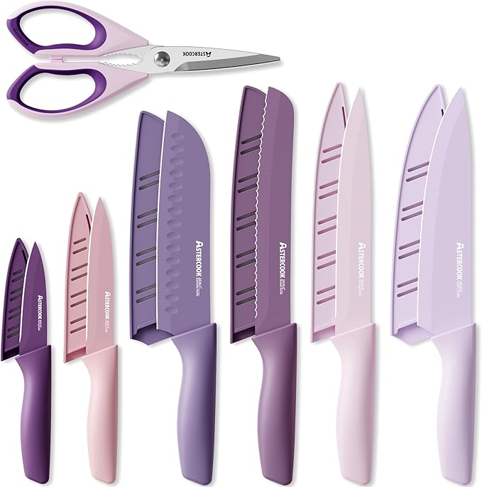 Astercook Knife Set, 13 Pieces Kitchen Knives Set with Healthy Anti-Rust Coating, Dishwasher Safe, Stainless Steel Chef Knife Sets with 6 Blade Guards, Perfect Holiday Gifts for Kitchen Purple