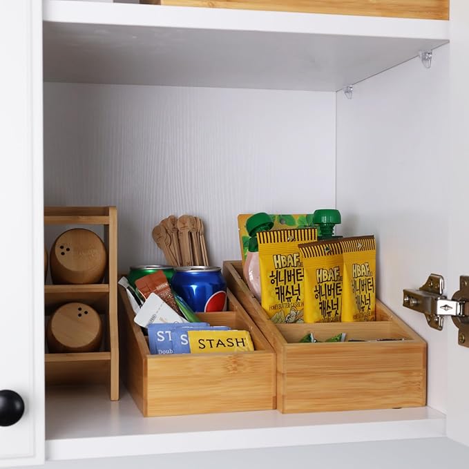 HTB 4-Section Snack Organizer with Removable Dividers for Kitchen, Cabinet, Office, Countertop, 2 Pack Bamboo Pantry Storage Organization for Spice Packets, Seasoning Pouches, Coffee Pods