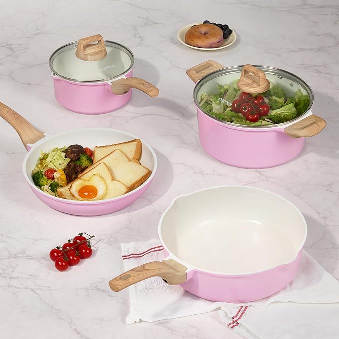 CAROTE Ceramic Cookware Set, 14 PCS Pots and Pans Set Non Stick, Pot and Pan Set with Frying pan, Induction Ready Cooking Set for Kitchen, PFOS/PFOA/PFAS Free, Pink