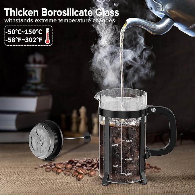 QUQIYSO French Press Coffee Maker 304 Stainless Steel French Press with 4 Filter, Heat Resistant Durable, Easy to Clean, Borosilicate Glass Coffee Press, 100% BPA Free Glass Teapot, 21 ounce, Black